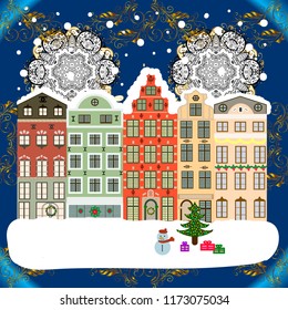 Winter village night Christmas background. Vector illustration.