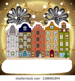 Winter village night Christmas background. Vector illustration.