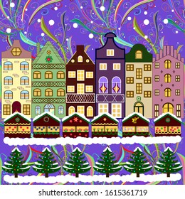 Winter village night Christmas background. Vector illustration.