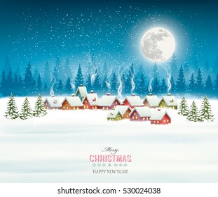 Winter village night Christmas background. Vector.