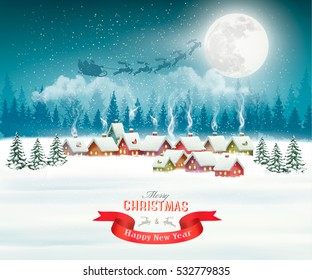 Winter Village Night Christmas Background. Vector.