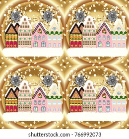 Winter village night Christmas background. Vector illustration.