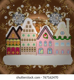 Winter village night Christmas background. Vector illustration.