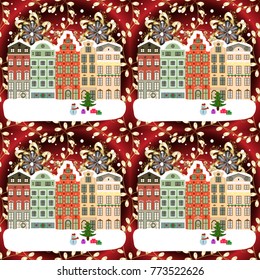Winter village night Christmas background. Vector illustration.