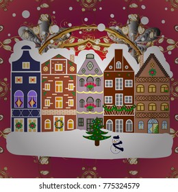 Winter village night Christmas background. Vector illustration.