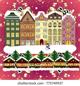 Winter village night Christmas background. Vector illustration.