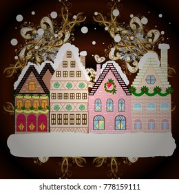 Winter village night Christmas background. Vector illustration.