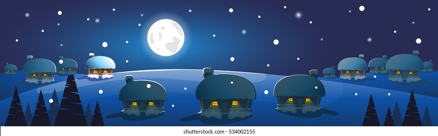 Winter Village Night Landscape White Snow Banner Flat Vector Illustration
