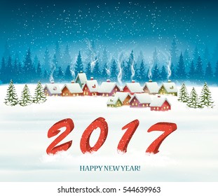 Winter village night New year background. Vector.