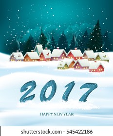 Winter village night New year background. Vector.