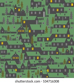 Winter village with a one-story houses, fences, firs, dogs and kennels in gray, yellow, green a seamless pattern on a green background.