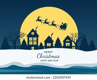 Aldea de invierno con estilo de papel cortado con luna amarilla y trineos. Feliz Navidad y feliz año nuevo. Fondo de Navidad, tarjeta de saludo. Vector