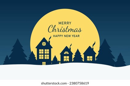 Winter village in paper cut style with yellow moon and sleigh. Merry christmas and a happy new year card. Vector