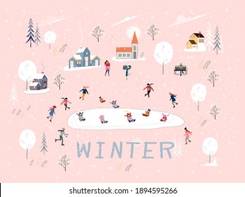 Winter village with people having fun doing outdoor activities on new year,Cute Vector  Christmas holidays with people celebration in small town, kid playing ice skates, teenagers skiing