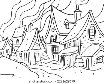 A winter village and pointed houses   smoking lanterns  Stock vector illustration Hogsmeade  Linear houses and mountains snow   fir trees 