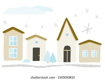 Winter village road landscape clipart set. Day in the country, town scene. Cosy hand drawn houses with windows and doors, church, clouds and snow falling from the sky. Townhouse vector clip art.