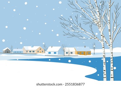 Winter village rural landscape. Landscape of snow-covered village houses among snowdrifts and trees in snowy weather. Winter rural day vector illustration.