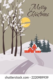 Winter village rural winter snow landscape, Merry Christmas retro greeting card