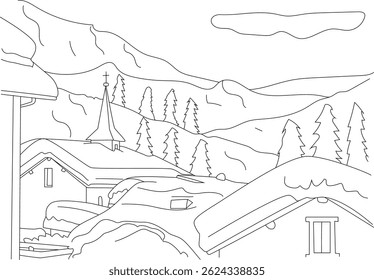Winter Village Scene Line Drawing, Simple line drawing illustration of a village nestled in a snowy mountain landscape with houses, pine trees, and a church during the winter season.