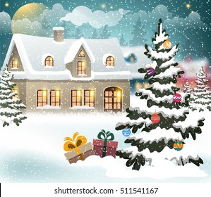 Winter village scene with snow covered house and christmas tree with presents and decorations