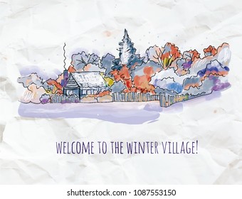 Winter village sketch for Christmas card or banner. Vector graphic illustratiom
