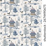 Winter village in snow, seamless pattern. Christmas town in nature, repeating landscape print with cute houses and birds, vector illustration for textile. 
