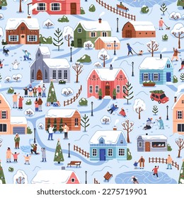 Winter village in snow, seamless pattern. Christmas town in nature, repeating landscape print with cute houses and people. Endless background design, outdoor funs. Flat vector illustration for textile