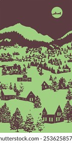 Winter village in snow, seamless pattern. Christmas town in nature, repeating landscape print with cute houses and people. Endless background design, outdoor funs. Flat vector illustration for textile