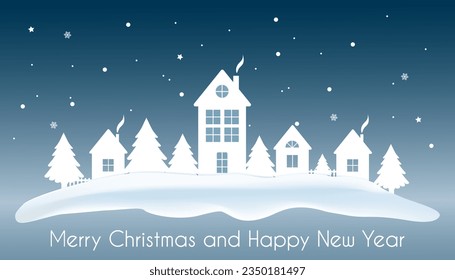 Winter village in a snowdrift. Christmas background with houses, trees and snowfall. Paper cut.Merry Christmas and Happy New Year. Vector