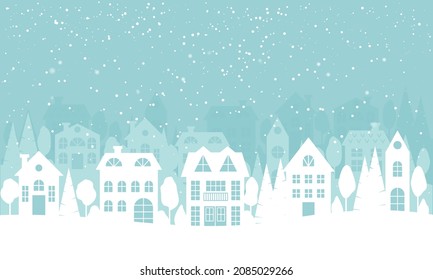 Winter Village with snowfall. White silhouettes of houses, trees and pines. Christmas Holiday background in a minimal style. Holidays banner with space for text. Decoration elements