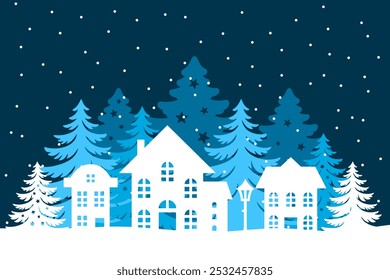 Winter village vector illustration, winter scene vector. 