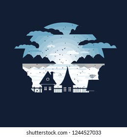 winter in the village vector illustration.negative space design