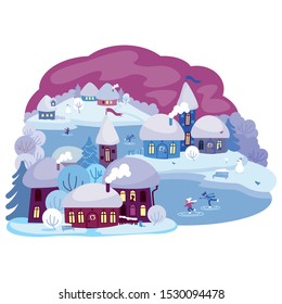 Winter in the village, vector landscape, ice rink, houses  and snow