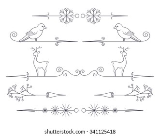 Winter vintage arrows. Set of cute outline holiday design elements with bird, deer, berry brunch and snowflakes