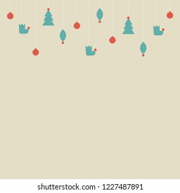 Winter vintage background with flat red and blue fir-trees, elf shoes and balls on beige background. New Year backdrop with border. Vector Christmas background for card, invitation, wallpaper.
