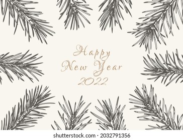 Winter vintage card with fir branches. Invitation with conifers. Vector illustration. Black and White.