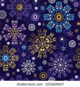 Winter vintage dark violet seamless pattern  with golden and white and gradient decorative lacy snowflakes, vector