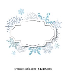 Winter vintage label template with silver frame on blue snowflakes background