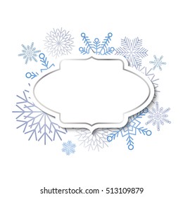 Winter vintage label template with silver frame on blue snowflakes background