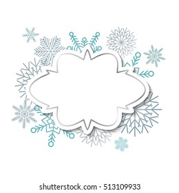 Winter vintage label template with silver frame on blue snowflakes background