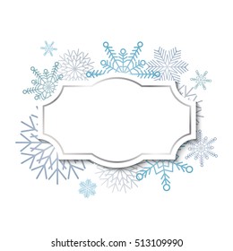Winter vintage label template with silver frame on blue snowflakes background