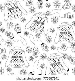 Winter vintage seamless pattern with sweaters, mittens and snowflakes. Can be used for wallpaper, gift paper, fabric, textile. Black and white vector background.