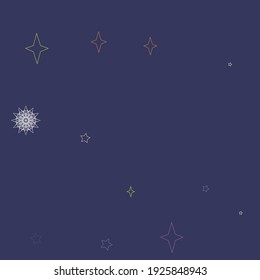 Winter Violet Christmas Magic Chaotic Composition. White Stars Sky Snowflake Pastel Pattern. Purple Night Pink Cozy Green Background. Mandala Colorful New Year Orange Holiday Mystery Illustration.
