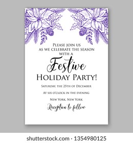 Winter violet poinsettia fir floral Christmas Party invitation wedding invitation card template with floral vector background