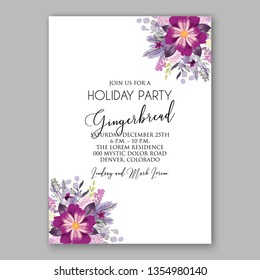 Winter violet poinsettia fir floral Christmas Party invitation wedding invitation card template with floral vector background