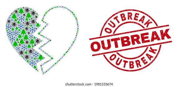 Winter viral collage broken heart, and rubber Outbreak red round stamp seal. Collage broken heart is organized with virus, fir tree, and snowflake items.