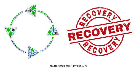 Winter viral collage CCW circulation arrows, and rubber Recovery red round seal. Mosaic CCW circulation arrows is composed with viral, forest, and snow symbols.