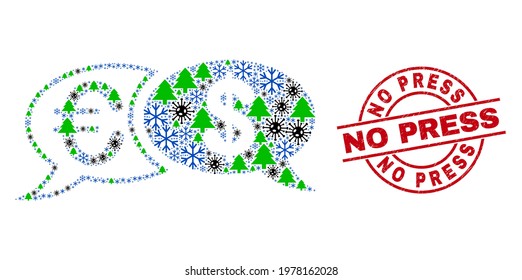 Winter viral collage financial chat messages, and scratched No Press red round stamp seal. Collage financial chat messages is organized of infection, fir tree, and snowflake symbols.