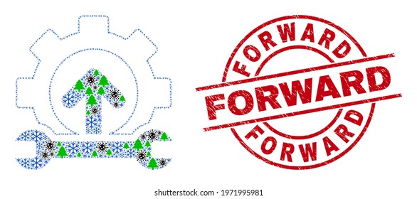 Winter viral collage forward gear repair, and grunge Forward red round stamp imitation. Collage forward gear repair is made from coronavirus, forest, and snow items.
