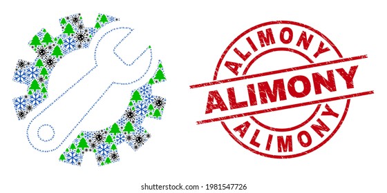 Wintervirale Kollage-Werkzeuge und gekratzte Alimony-rote runde Stempeldichtung. Die Werkzeuge der Sammelausrüstung sind für Grippe-Infektionen, Wälder und Eiskristall-Ikonen organisiert.